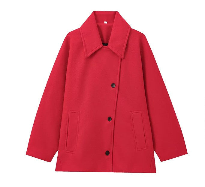 Classic Wool Short Coat with Wide Collar and Button Front