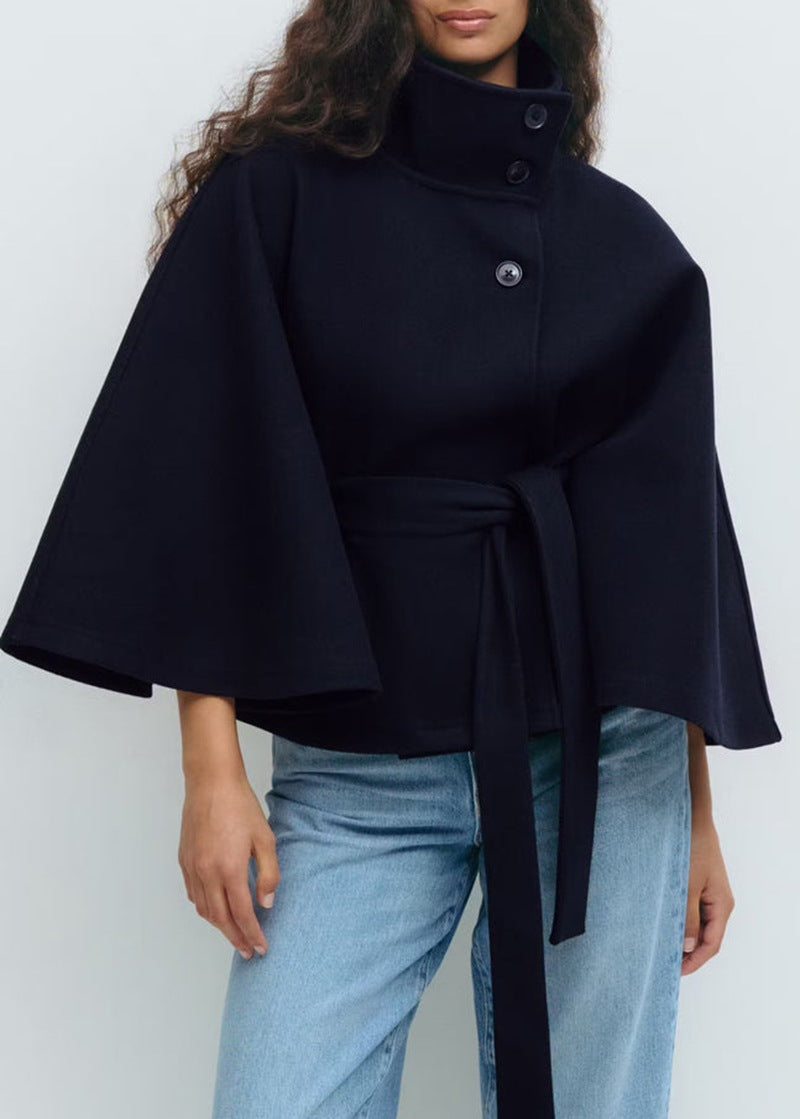 Elegant High Neck Belted Cape Jacket