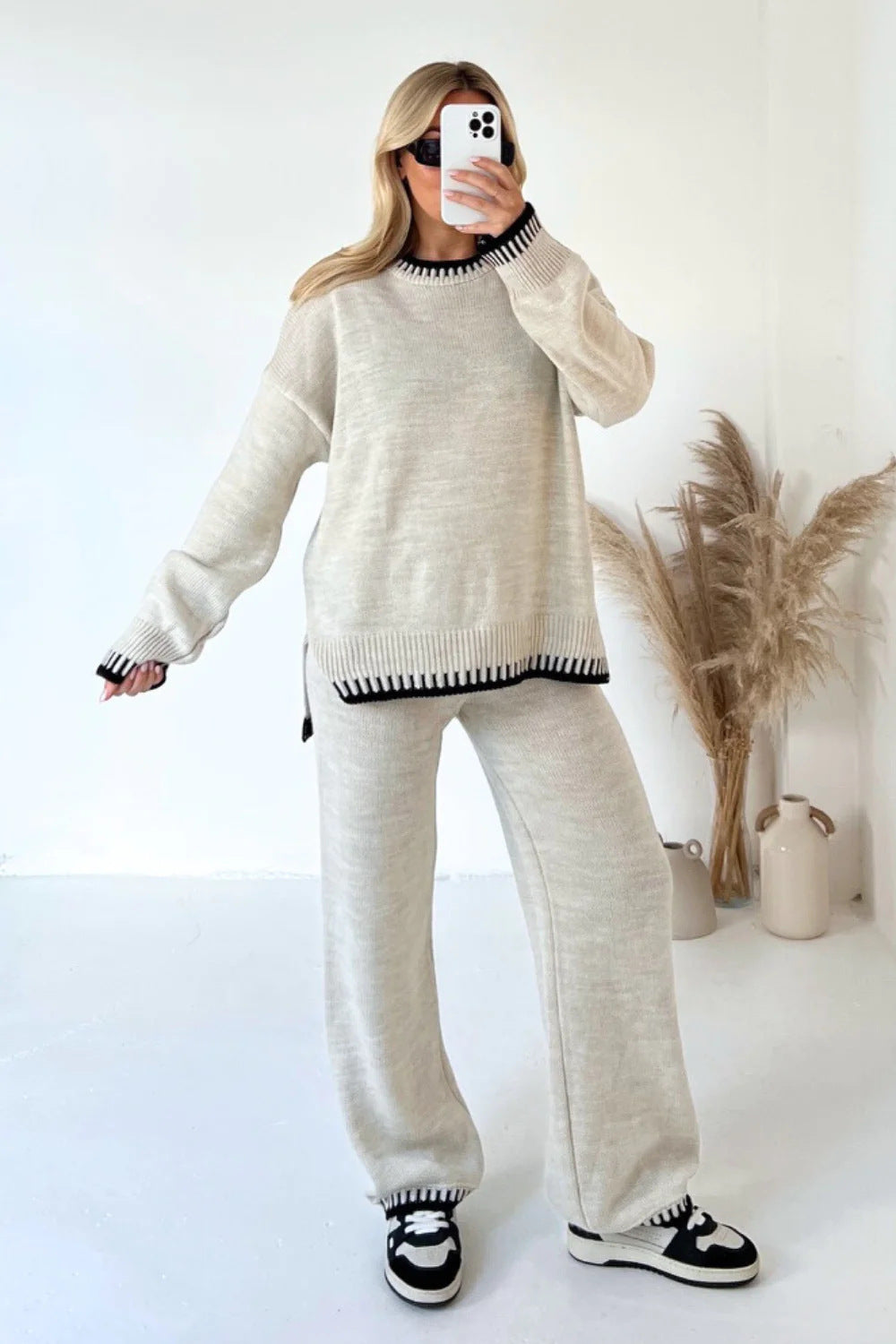 Contrast Trim Knit Two-Piece Lounge Set