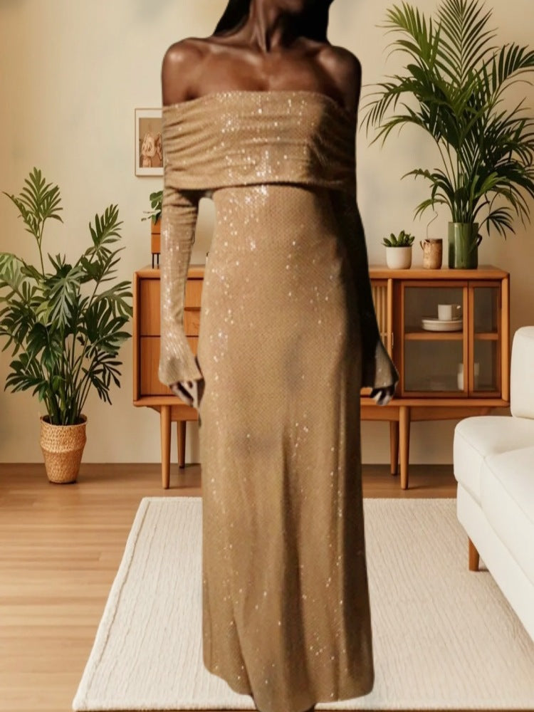 Off-Shoulder Flounce Sleeve Sequin Maxi Dress