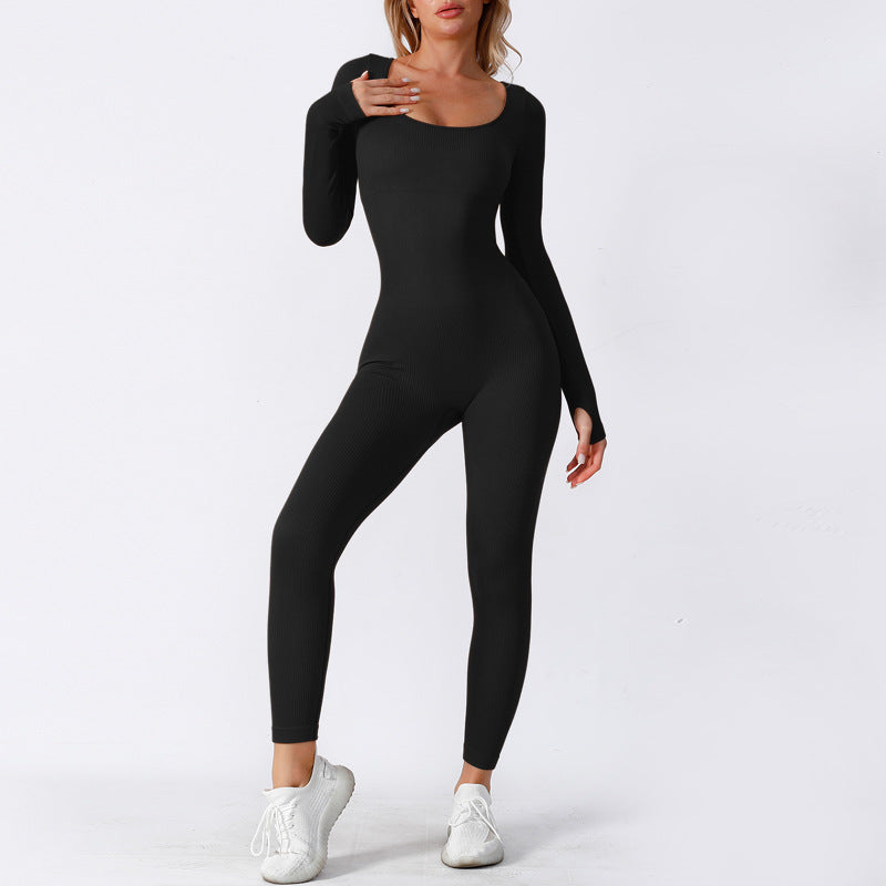 Scoop Neck Long Sleeve Ribbed Jumpsuit