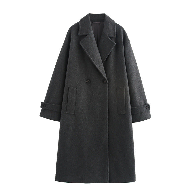 Oversized Double-Breasted Wool Overcoat with Lapel Collar