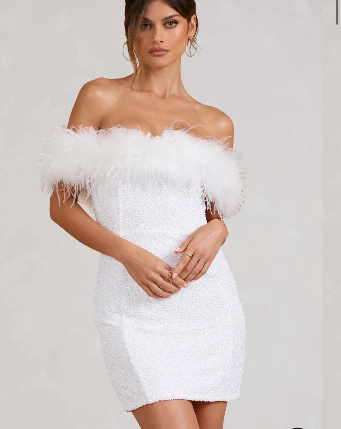 Off-Shoulder Sequin Mini Dress with Feather Trim