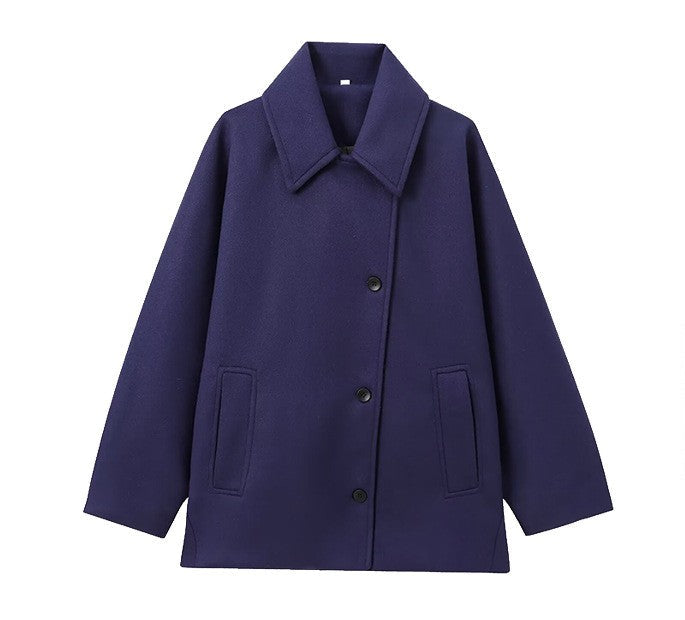 Classic Wool Short Coat with Wide Collar and Button Front