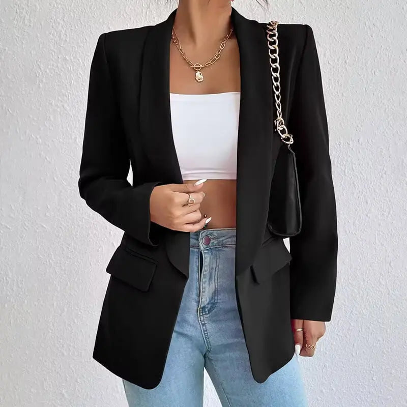 Tailored Black Blazer with Notched Lapel and Flap Pockets