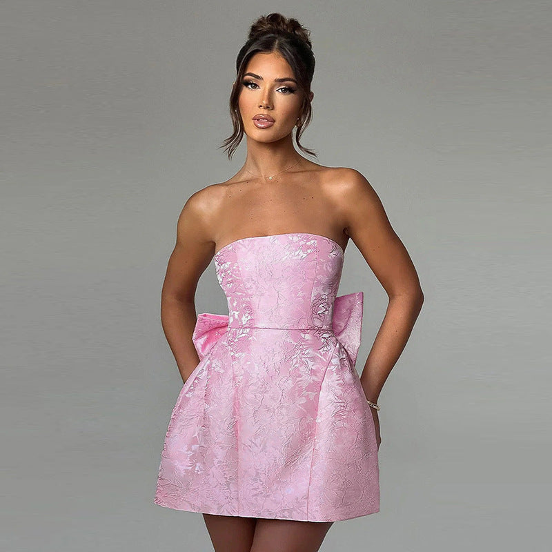 Strapless Mini Cocktail Dress with Floral Jacquard Finish