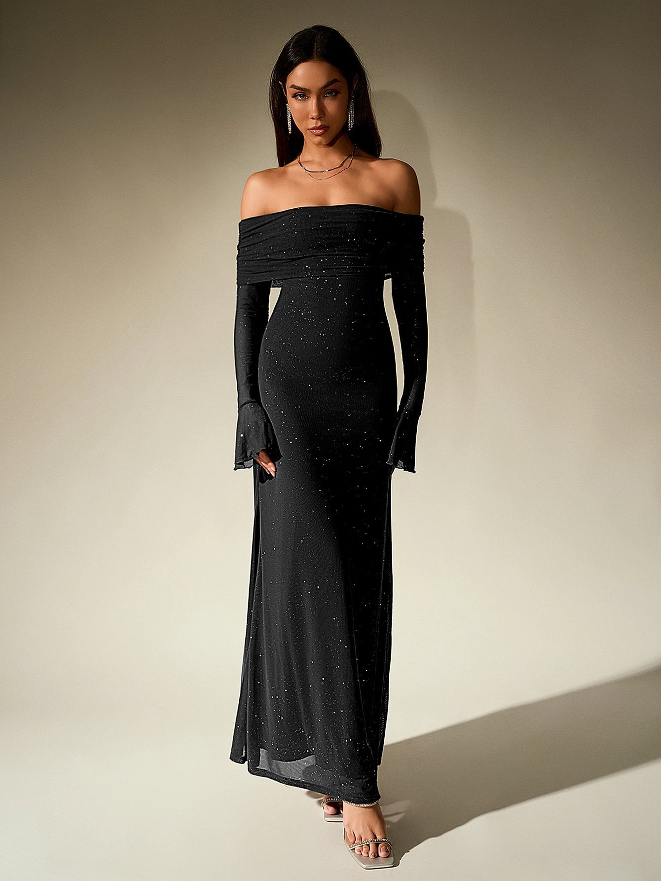 Off-Shoulder Flounce Sleeve Sequin Maxi Dress