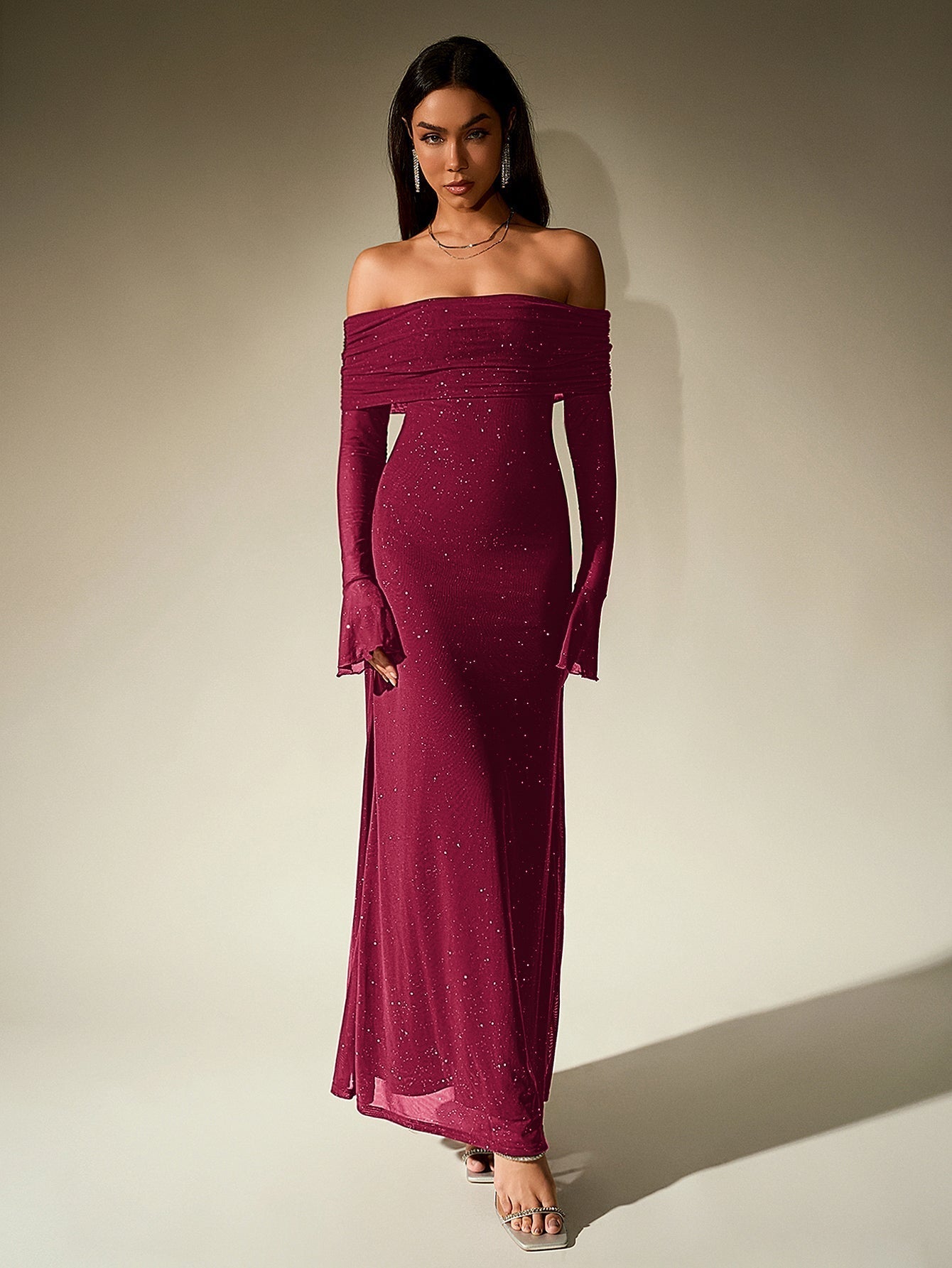 Off-Shoulder Flounce Sleeve Sequin Maxi Dress