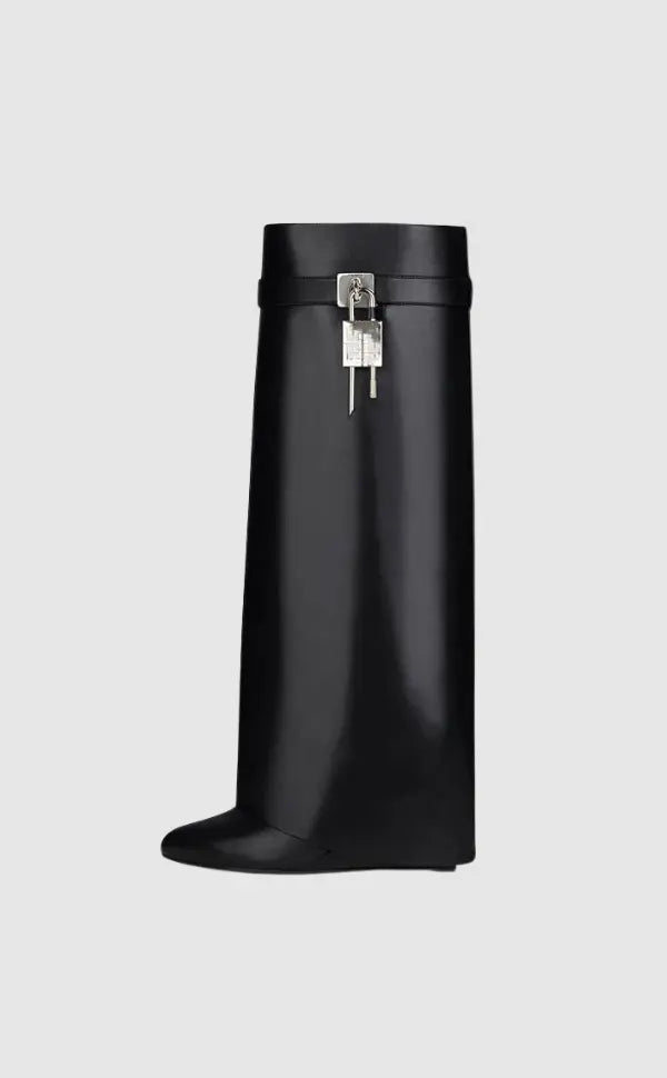 Sculptural Black Wedge Knee-High Boots in Glossy Finish