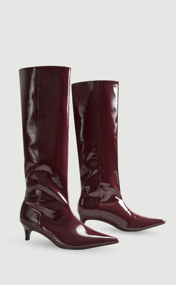 Burgundy Patent Knee-High Boots with Pointed Toe and Kitten Heel