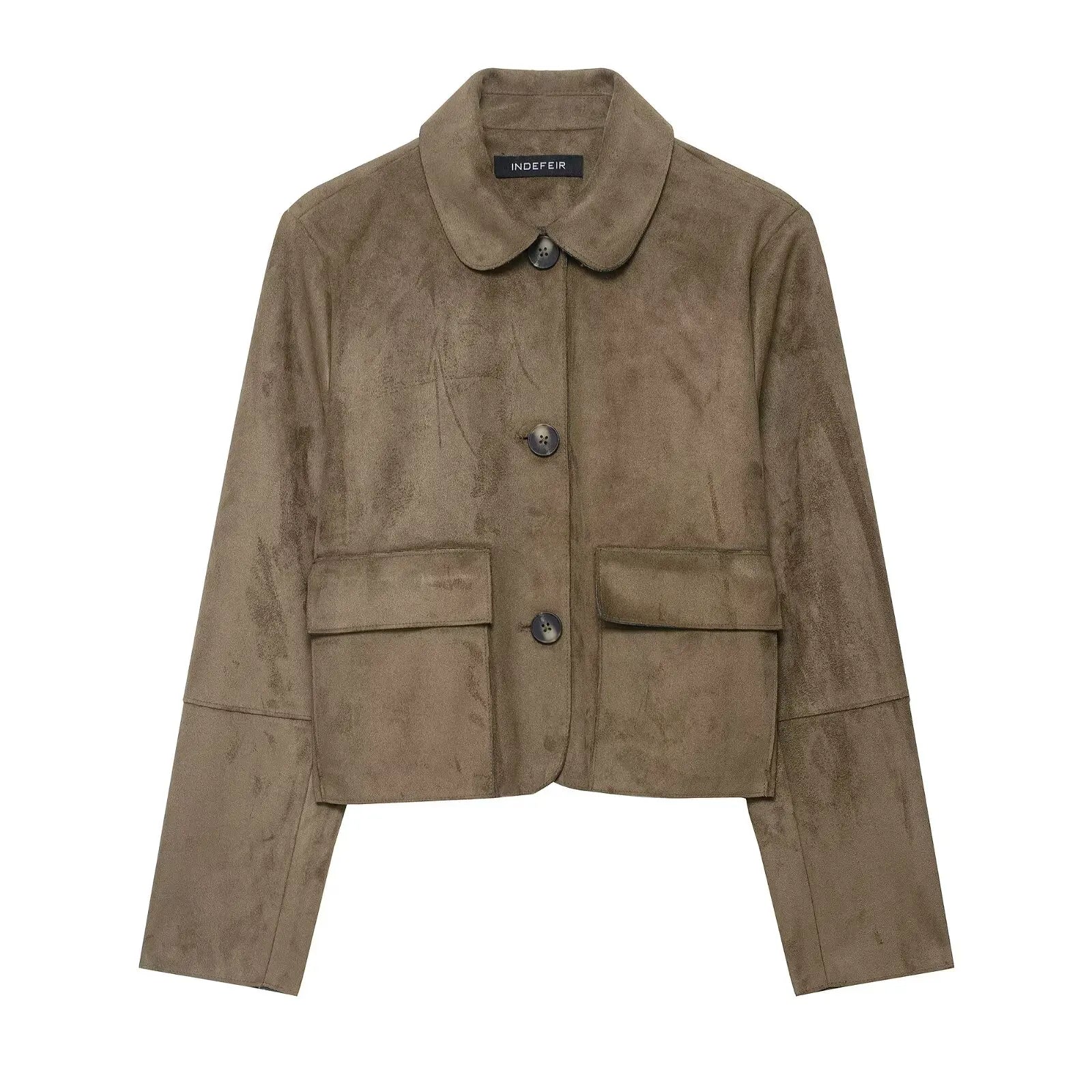 Retro Faux Suede Jacket with Front Flap Pockets