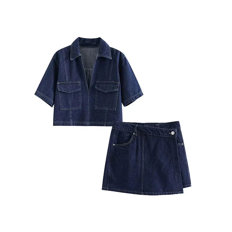 Boxy Denim Co-Ord Set with Pocket Shirt and Mini Skirt