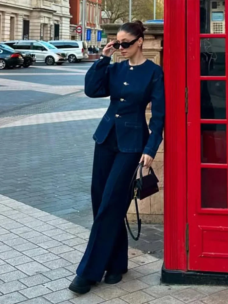 Tailored Denim Co-Ord Set with Gold Clasp Detail