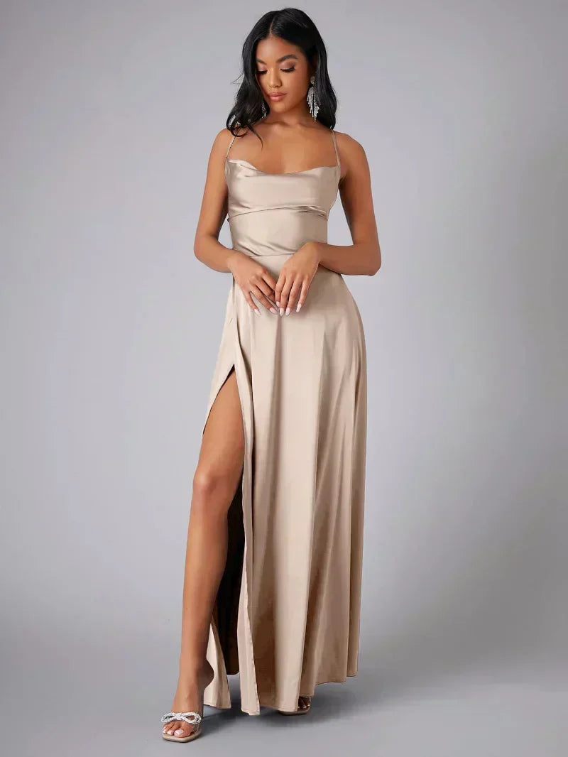 Satin Cowl Neck Maxi Dress with Side Slit