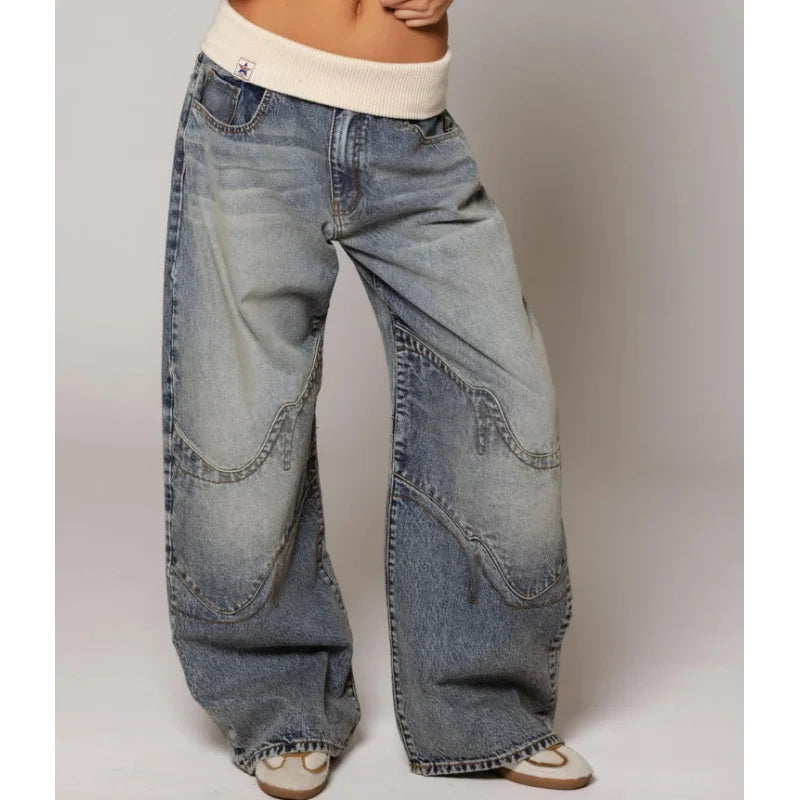 Y2K Baggy Wide Leg Jeans with Ribbed Waistband