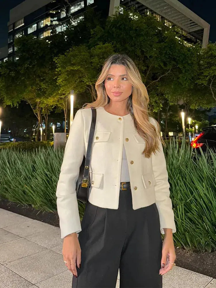 Elegant Textured Button-Up Cropped Jacket