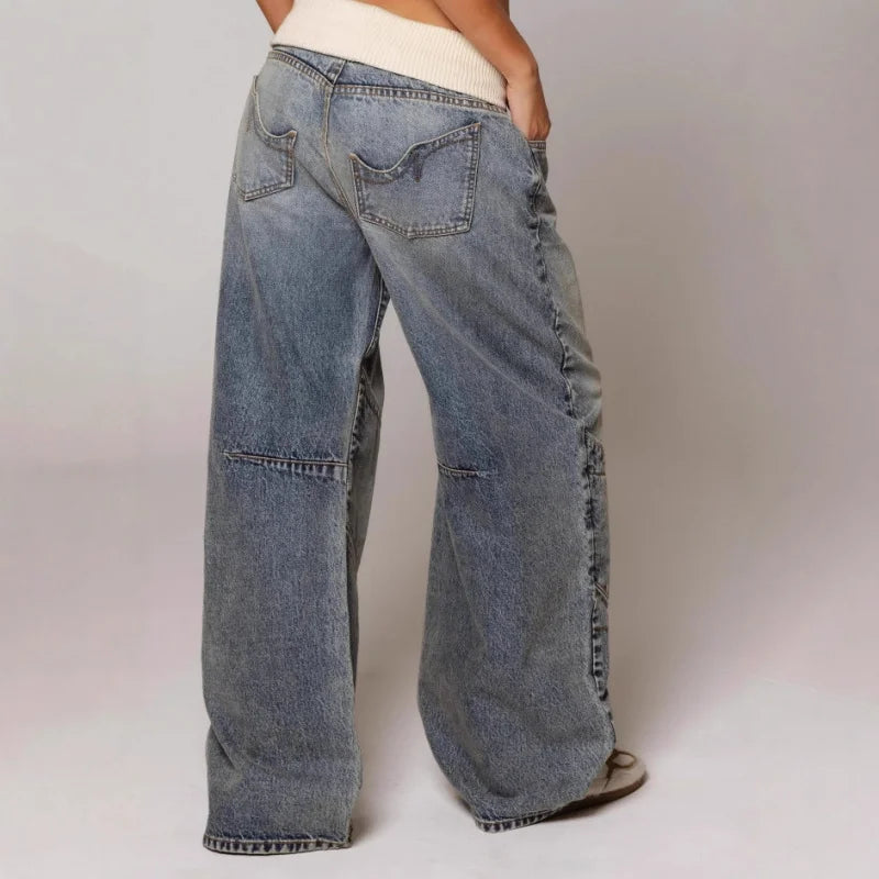 Y2K Baggy Wide Leg Jeans with Ribbed Waistband