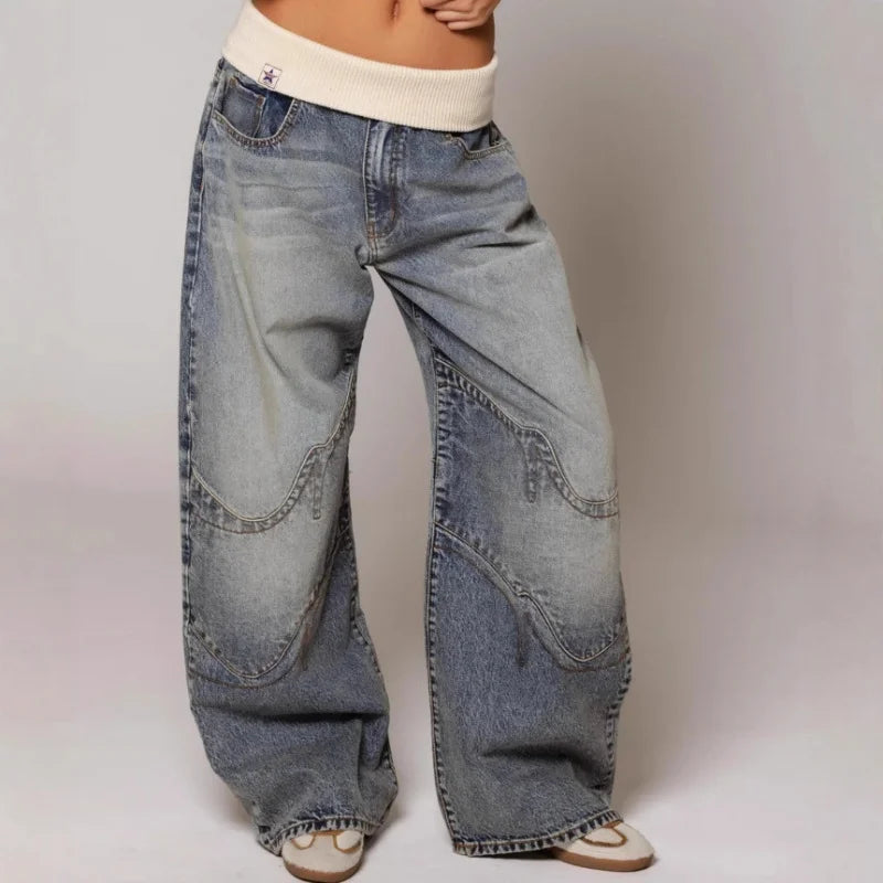 Y2K Baggy Wide Leg Jeans with Ribbed Waistband