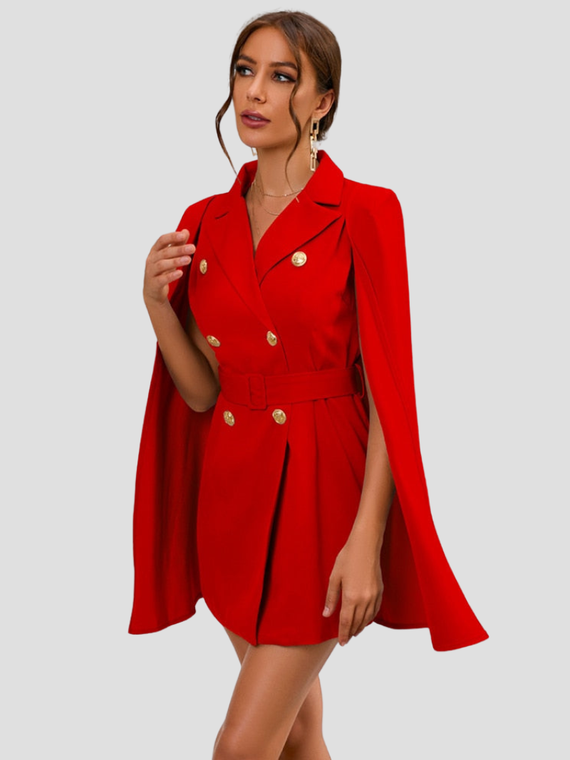 Cape Blazer Mini Dress with Gold Button Details