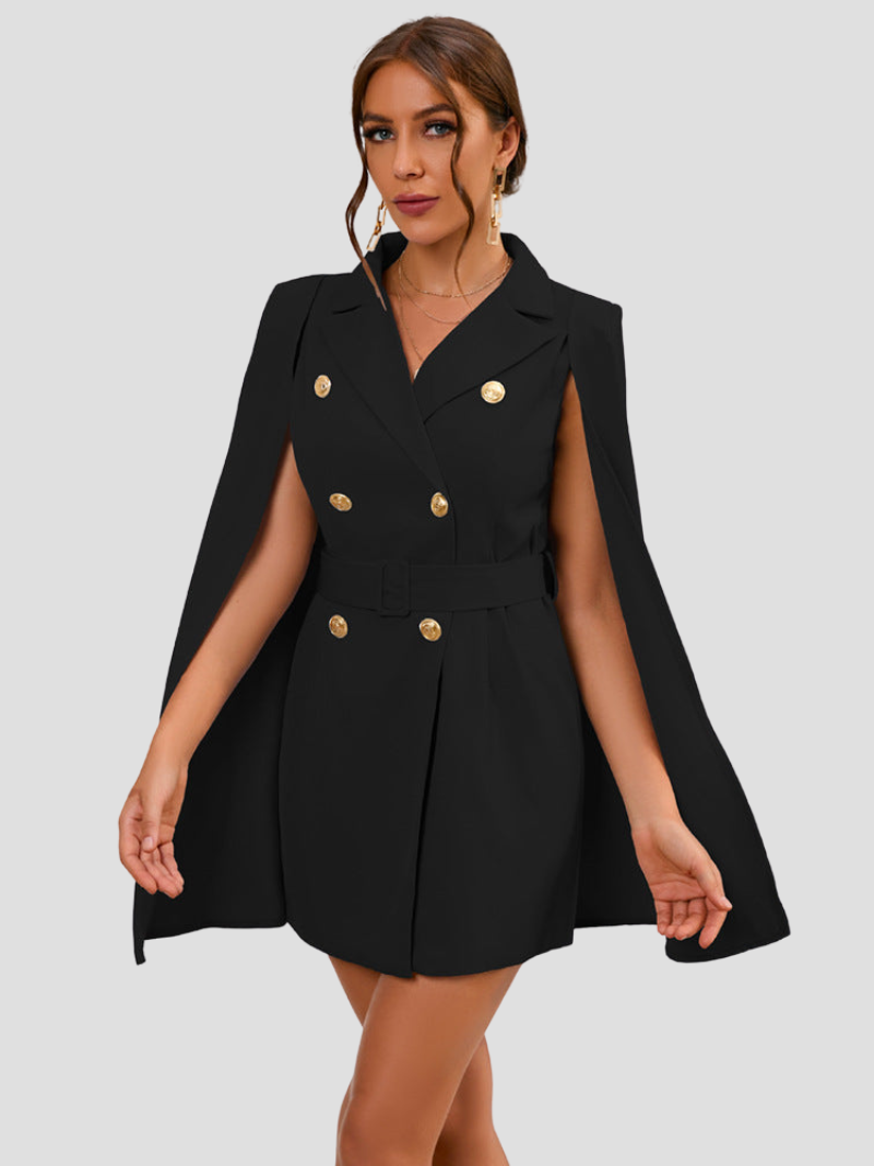Cape Blazer Mini Dress with Gold Button Details