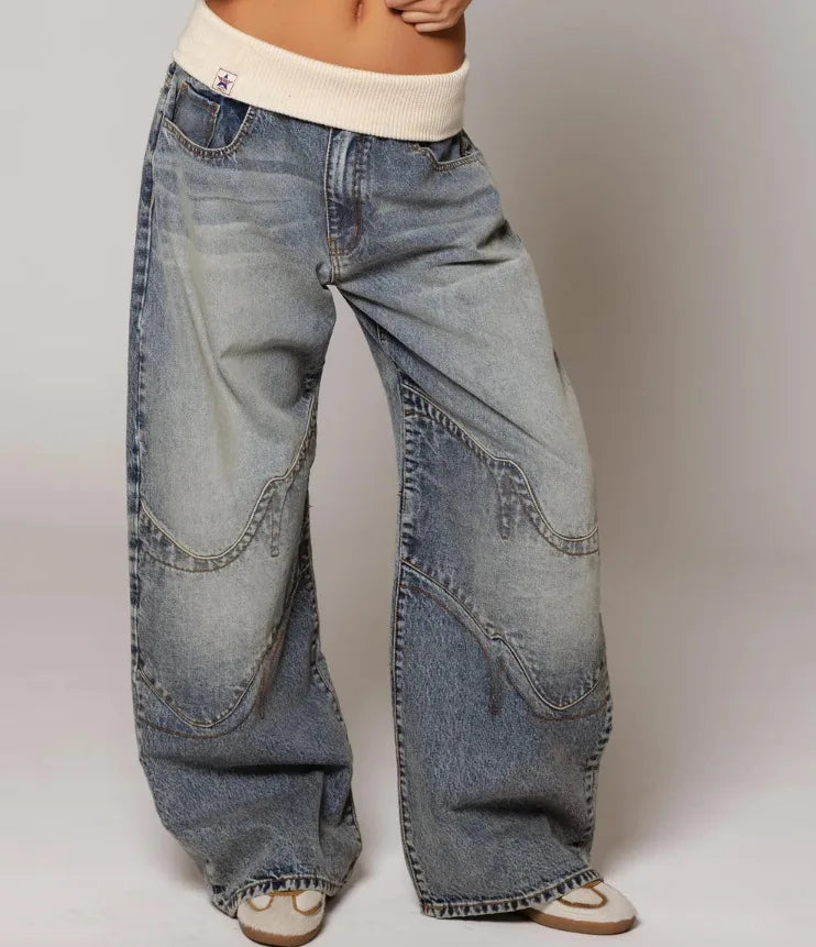 Y2K Baggy Wide Leg Jeans with Ribbed Waistband