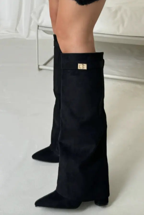 Sculptural Knee-High Wedge Boots in Faux Suede with Buckle Detail