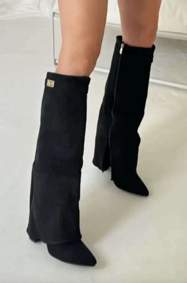 Sculptural Knee-High Wedge Boots in Faux Suede with Buckle Detail