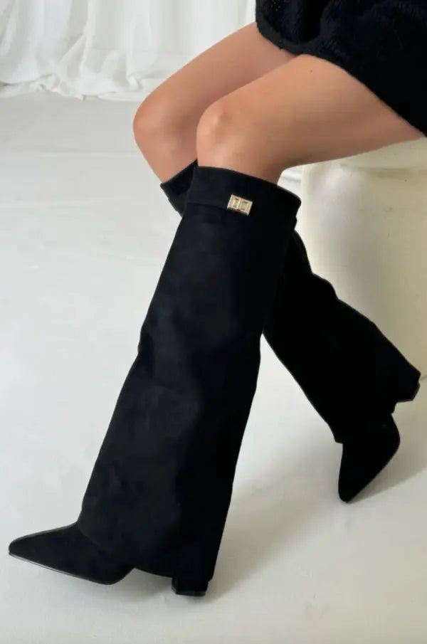 Sculptural Knee-High Wedge Boots in Faux Suede with Buckle Detail