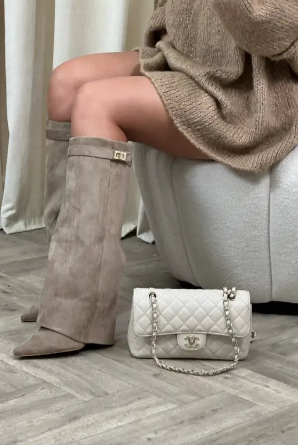 Sculptural Knee-High Wedge Boots in Faux Suede with Buckle Detail