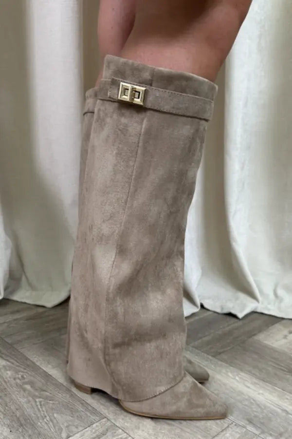 Sculptural Knee-High Wedge Boots in Faux Suede with Buckle Detail