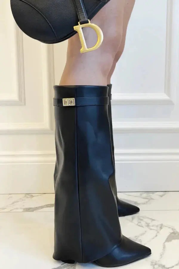 Sculptural Knee-High Wedge Boots in Faux Suede with Buckle Detail