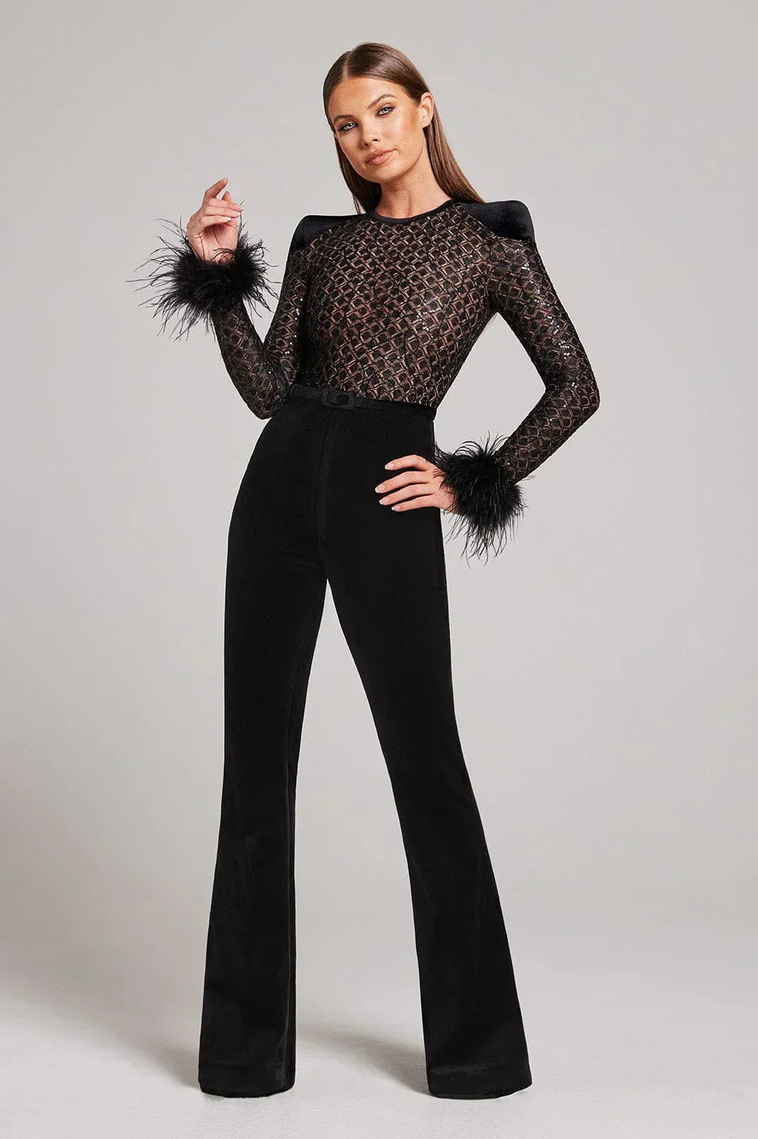 Velvet Flared Jumpsuit with Feather Cuffs and Sheer Sequin Bodice