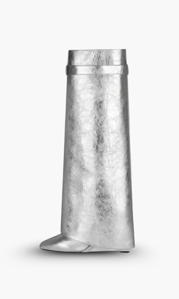 Sculptural Black Wedge Knee-High Boots in Glossy Finish