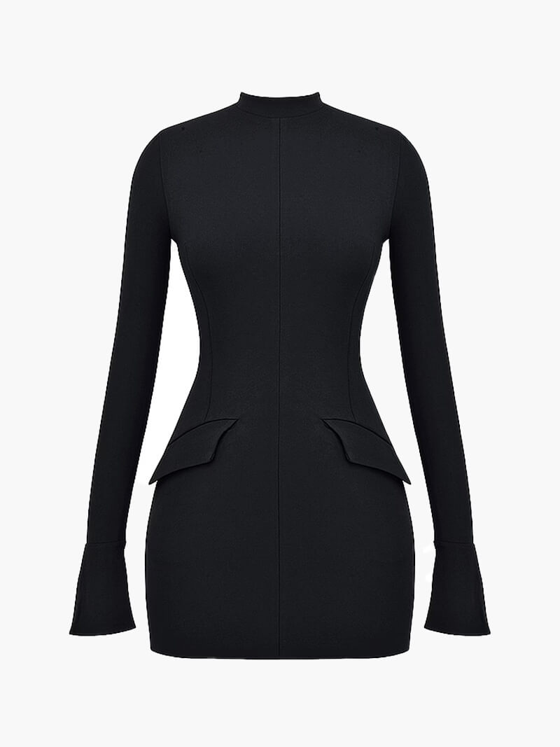 Navy Long Sleeve Bodycon Mini Dress with Peplum Waist Detail