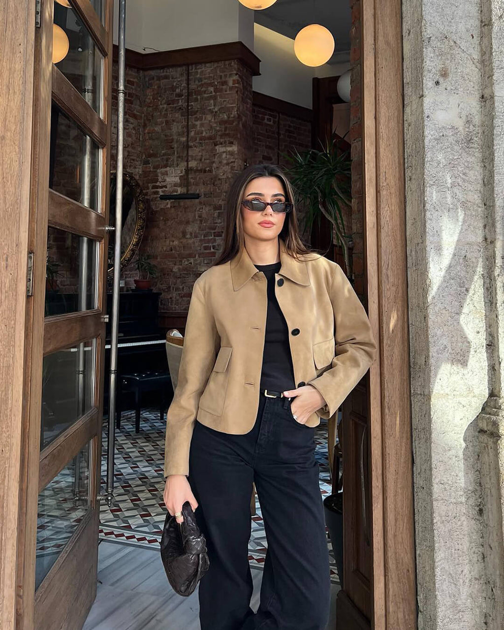 Retro Faux Suede Jacket with Front Flap Pockets