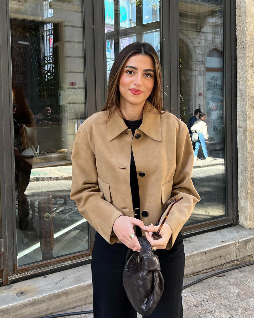 Retro Faux Suede Jacket with Front Flap Pockets