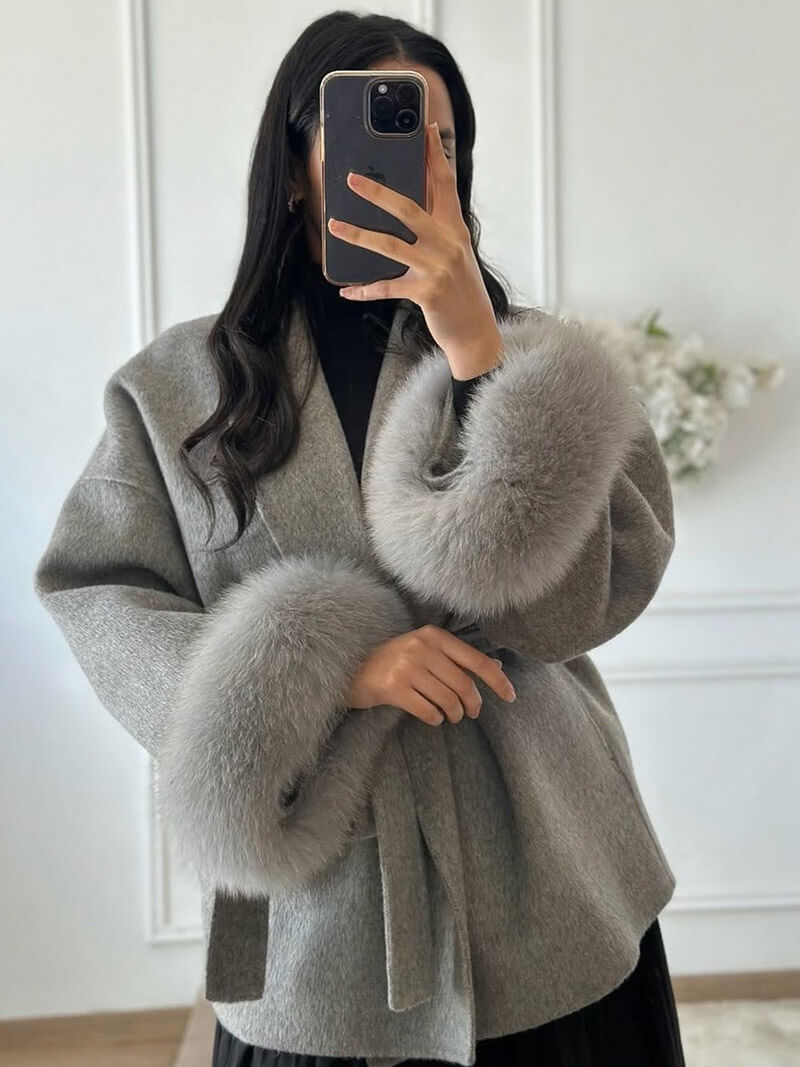 Belted Wool-Blend Wrap Coat with Faux Fur Cuffs