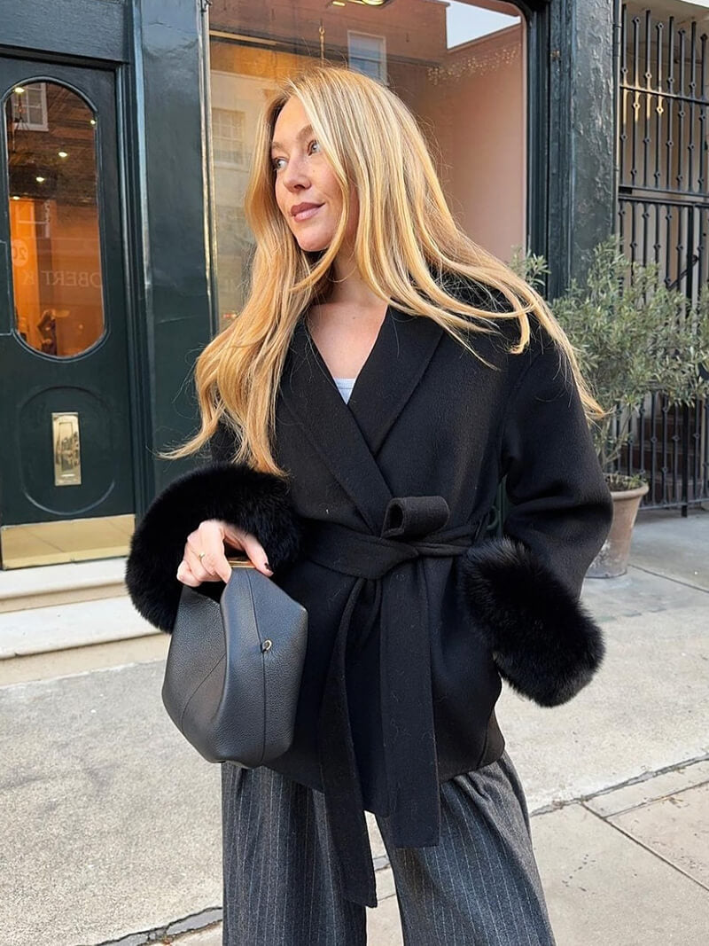 Belted Wool-Blend Wrap Coat with Faux Fur Cuffs