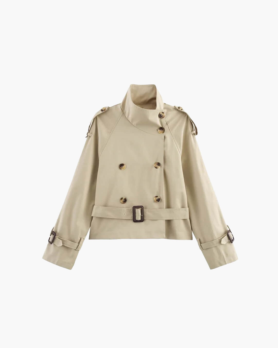 Cropped Double-Breasted Trench Jacket with Belted Cuffs