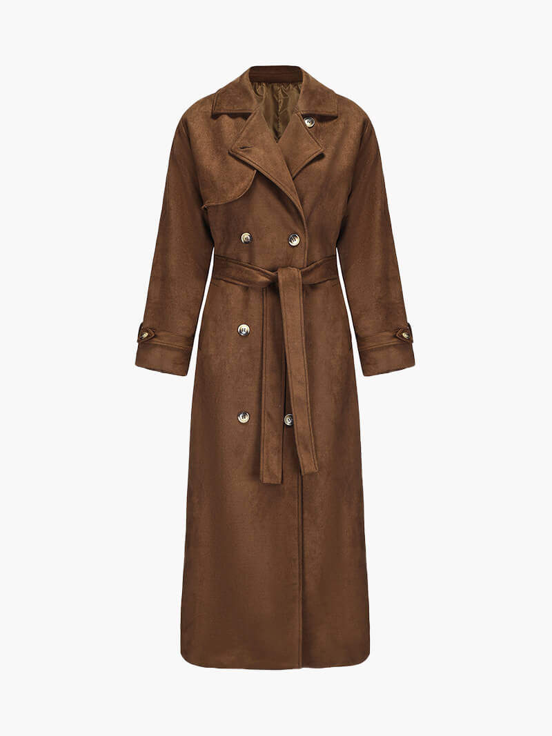Long Faux Suede Trench Coat with Belted Waist