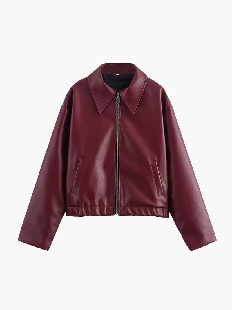 Minimalist Faux Leather Zip-Up Jacket with Pointed Collar