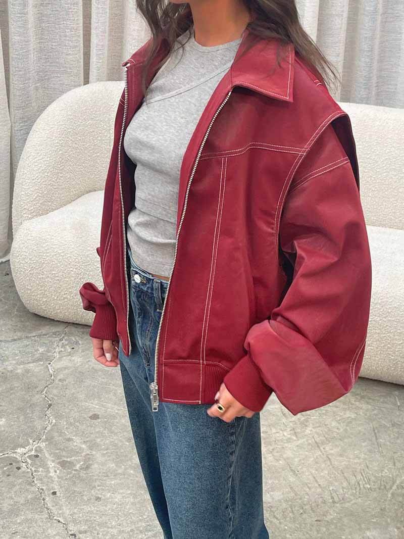 Oversized Street Style Zip Jacket with Contrast Stitching