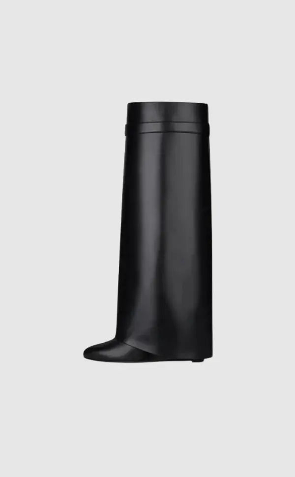 Sculptural Black Wedge Knee-High Boots in Glossy Finish