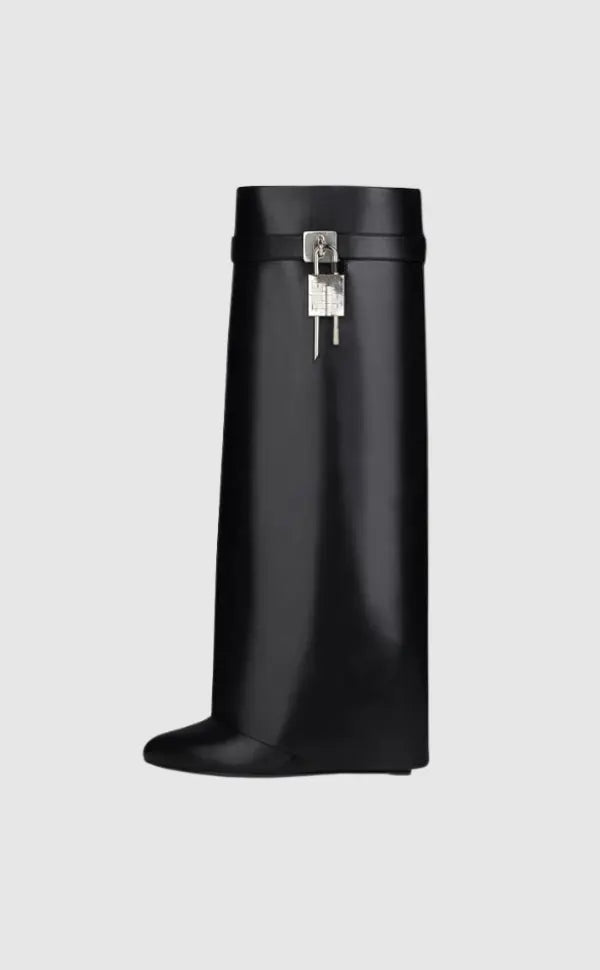 Sculptural Black Wedge Knee-High Boots in Glossy Finish
