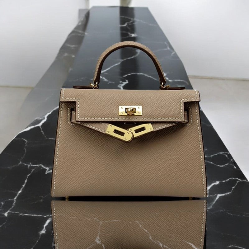 Structured Top Handle Leather Handbag with Gold Lock