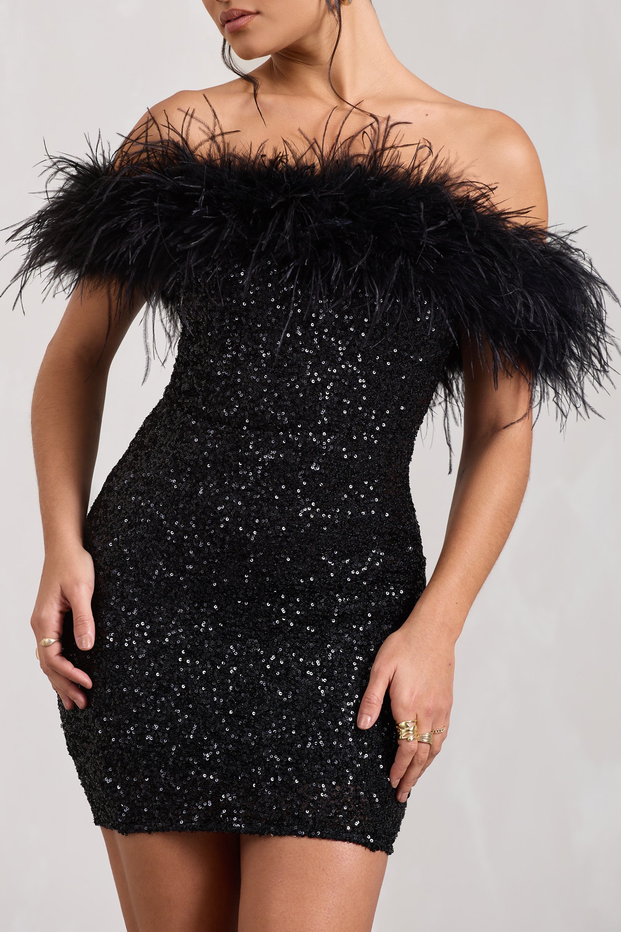 Off-Shoulder Sequin Mini Dress with Feather Trim