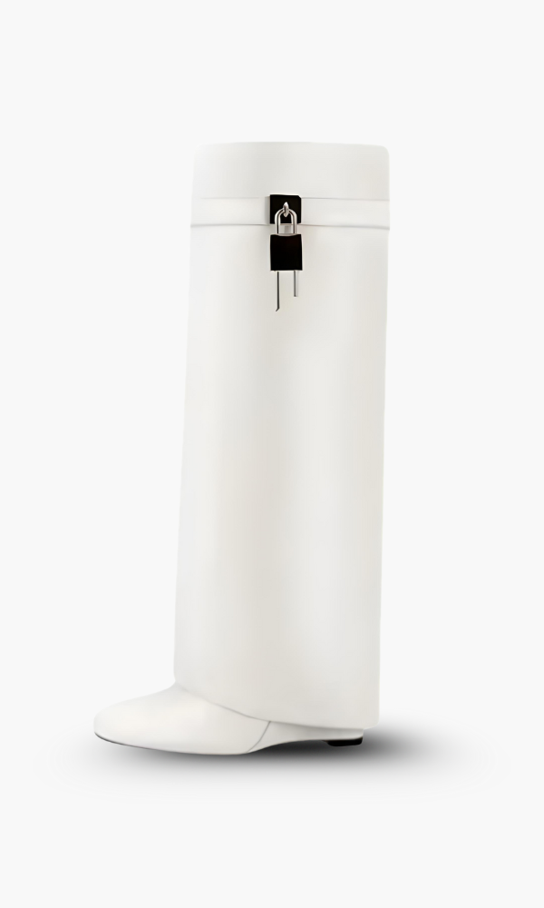 Sculptural Black Wedge Knee-High Boots in Glossy Finish