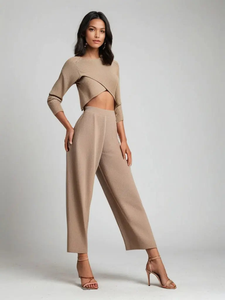 Three-Piece Layered Knit and Shirt Wide-Leg Trouser Set