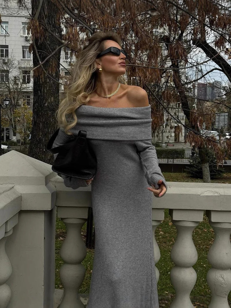 Off-Shoulder Ribbed Knit Maxi Dress for Women – Elegant & Cozy Fit
