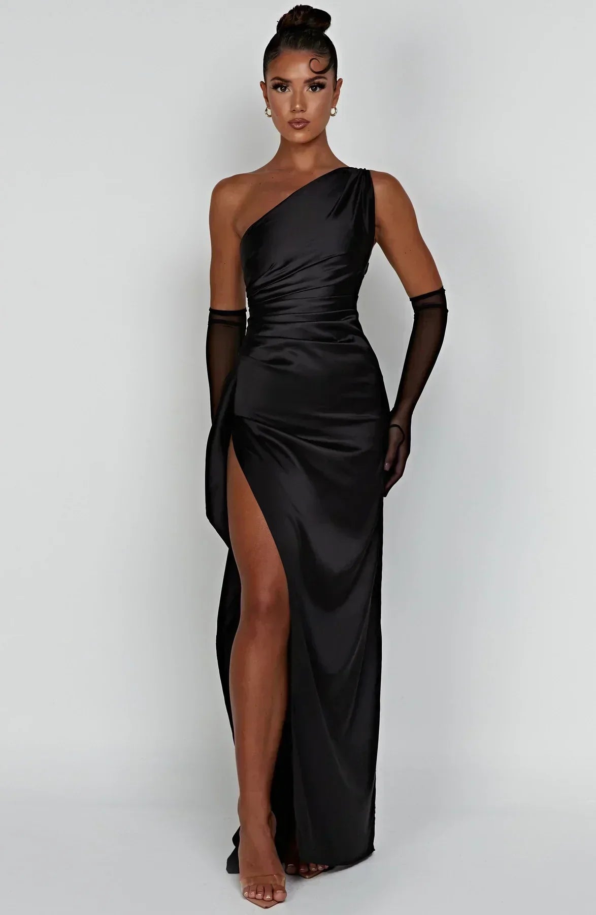 One-Shoulder Satin Maxi Dress with High Slit